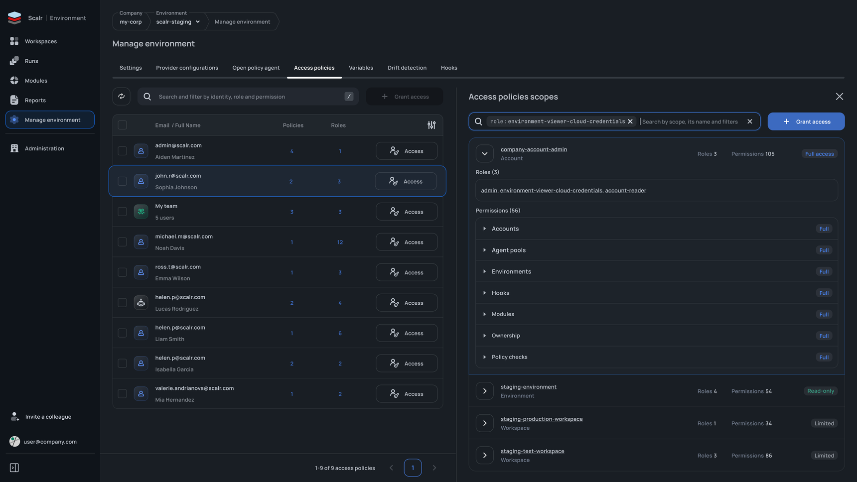 Scalr access policies split-panel view