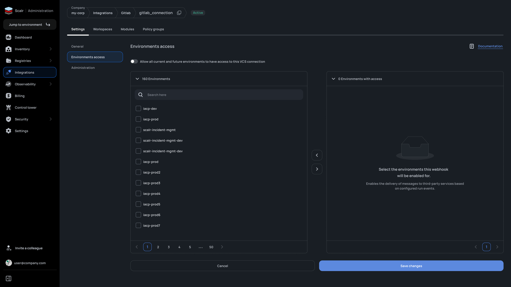 Scalr environments dual-pane access picker